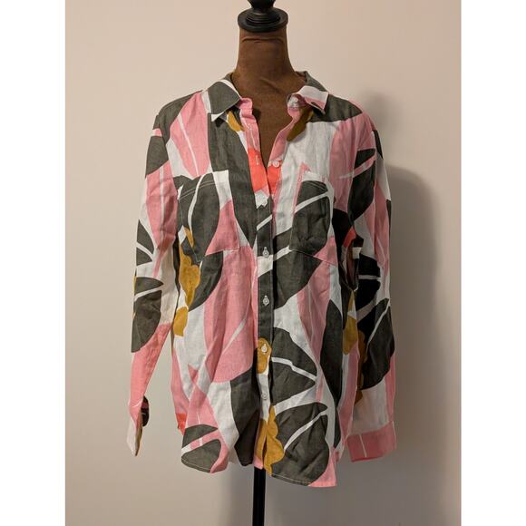 Boden Floral 100% Linen Tropical Button Down Oversized Comfy Size 8 Petite - Picture 2 of 8
